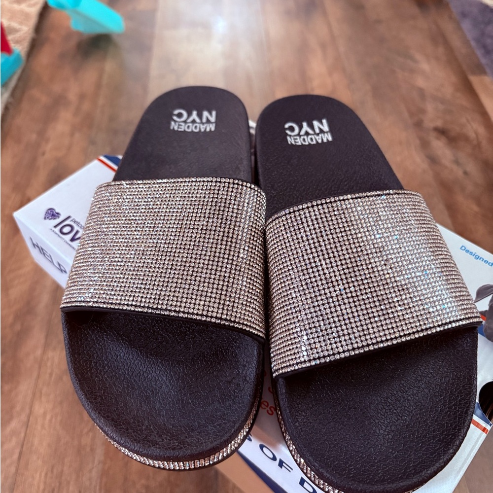 Steve Madden Black and Silver Rhinestone Slides